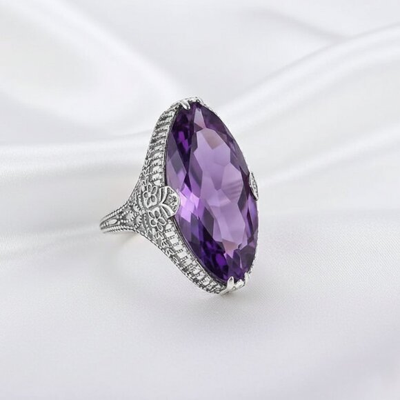 Silver Victorian Art Deco Style Purple Amethyst Fashion Ring Size 9.25 NWOT - Picture 2 of 8